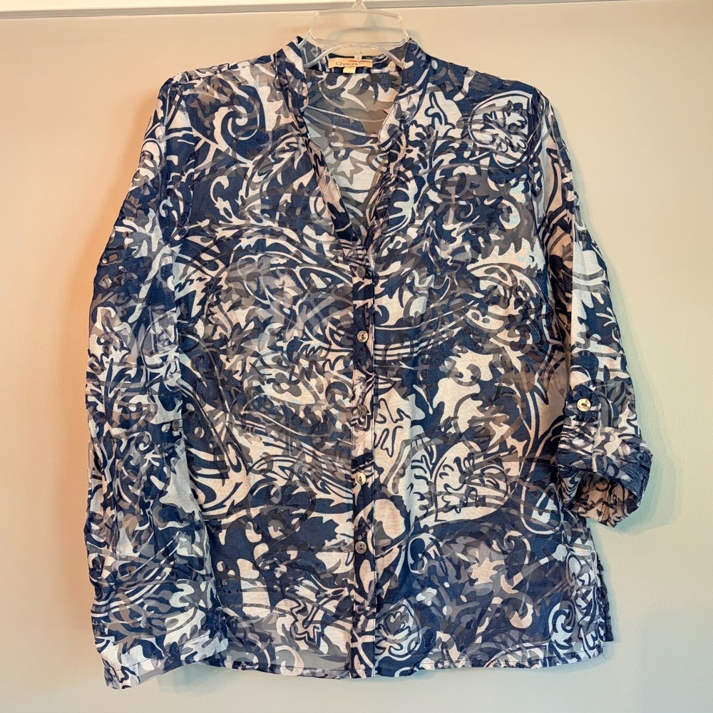 Choices Blue White Burnout Abstract Print Roll Tab Sleeve Button Down Top Medium